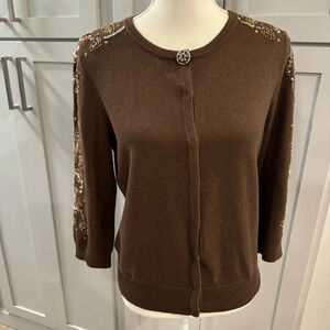 Classics Entier Beaded Wool Silk Cashmere Brown Hidden Snap‎ Cardigan Large
